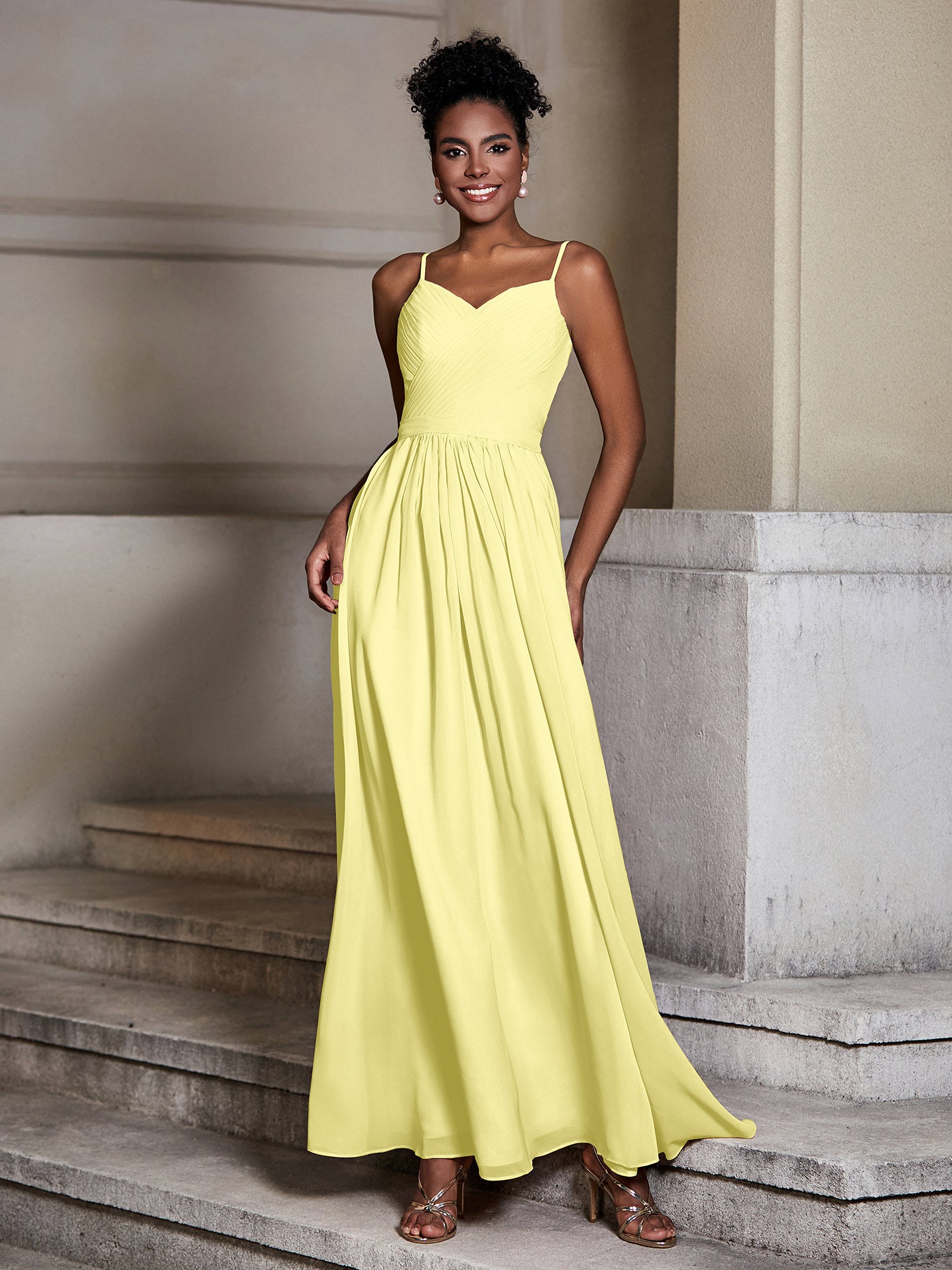 Cross Pleated Bodice Spaghetti Strap Dresses Daffodil
